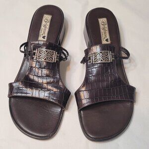 Brighton Italy Croc Embossed Silver Hardware Brown Leather Slide Sandal Flats 11